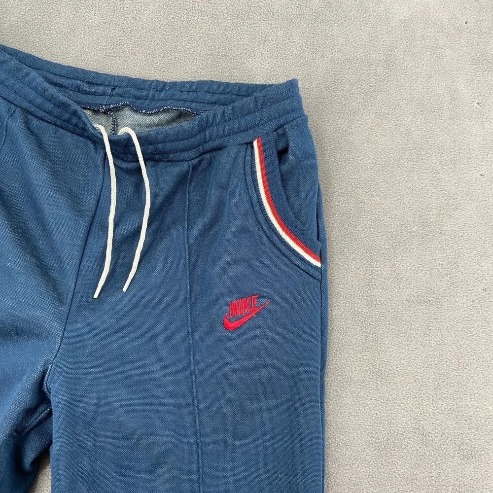 Vintage 70s Nike Sportswear Track Pants Sz M Blue Seamed Script Logo‎ Ankle Zip